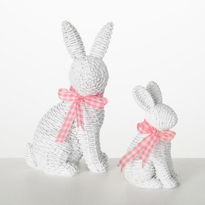 Sullivans 4" & 5" White Woven Patterned Resin Bunnies Set of 2