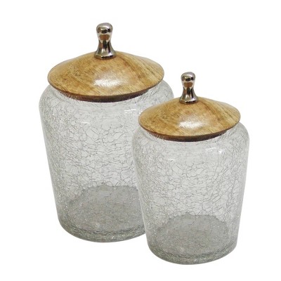 Set Of 2 Crackle Glass Bathroom Canisters with Wooden Lids Clear - Nu Steel