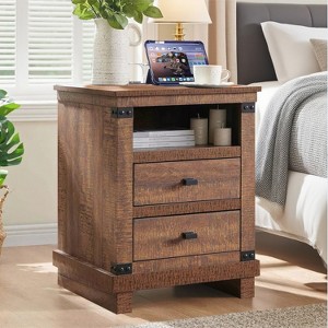 SinCiDo Nightstand with Charging Station, 18″ Farmhouse Night Stand with 2 Drawers, Wood Rustic End Table - 1 of 4