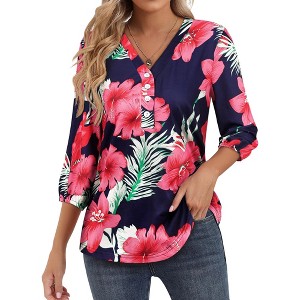 Nlife Women's Casual V Neck Floral Print 3/4 Length Sleeve Blouses Tropical Hawaiian Shirt Tops - 1 of 4