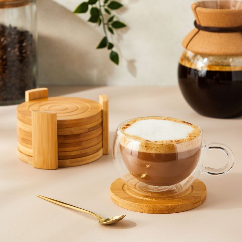 Juvale Bamboo Coasters Set of 6 with Holder for Coffee Table, Warm Beverages, 4.3 in, 2 of 8