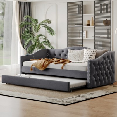 Modern Twin Size Daybed with Trundle and USB Charging Port, Velvet Upholstered Sofa Bed Frame for Bedroom or Living Room–The Pop Home