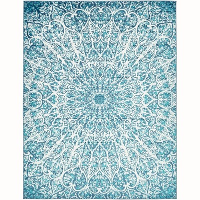 Turquoise and Ivory Rectangular Stain-Resistant Area Rug