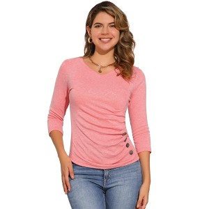 INSPIRE CHIC Women's V Neck 3/4 Sleeves Solid Knitted Buttons Decor Ruched Blouse - 1 of 4