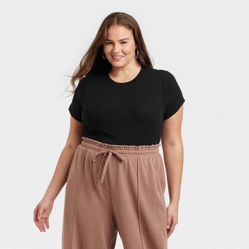 Women\'s Slim Fit Short Sleeve Ribbed T-shirt - A New Day™ Black Xxl : Target | Rundhalsshirts