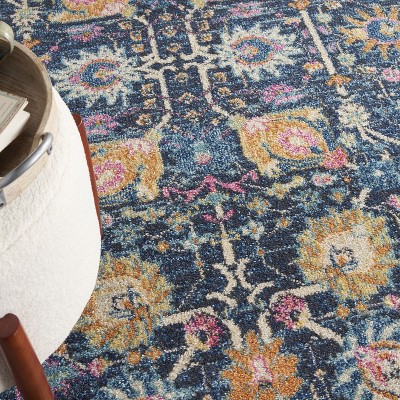 Bohemian Navy Floral Round Synthetic Area Rug - 5'3"