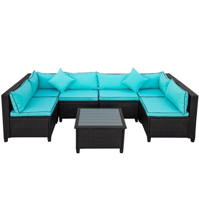 7pc Patio Rattan Wicker U-Shaped Sectional with Cushions & Pillows - Black - Art Leon