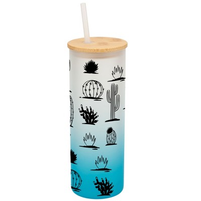 Elanze Designs Succulent Cactus Desert Plant Wrap-Around Design 25 Ounce Frosted Gradient Glass On-The-Go Coffee Travel Skinny Tumbler Mug Cup, Bamboo