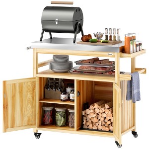 Outsunny Outdoor Grill Cart w/ Wheels and Storage Cabinets, Solid Wood Outdoor Kitchen Island w/ Stainless Steel Top, Integrated Hole - 1 of 4