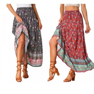 INSPIRE CHIC Women's Boho Casual Floral Printed Elastic Waist Maxi Skirts 2 Packs - 1 of 4