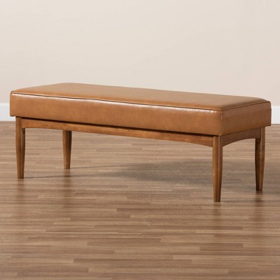 Arvid 47'' Walnut Brown and Tan Faux Leather Mid-Century Dining Bench