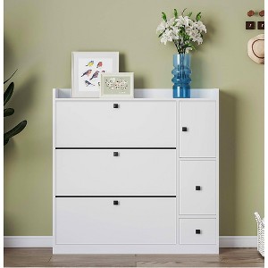 MAYEERTY Versatile Tipping Bucket Shoe Cabinet, 3 Flip Drawers Pull-down Seat Entryway Organizer, White - 1 of 4
