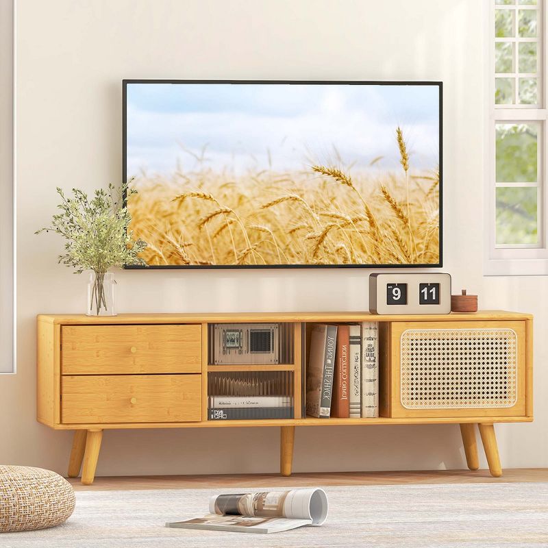 Costway Bamboo TV Stand Console Table with PE Rattan  Door & 2 Drawers for TV up to 65" Brown/Natural, 2 of 11