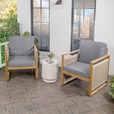 Teak Brown Mid-Century Modern Roped Wood Patio Chairs with Cushions