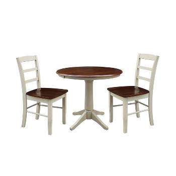 36" Rosemont Round Extendable Dining Table with Drop Leaf and 2 Madrid Ladderback Chairs Antiqued Almond/Espresso - International Concepts