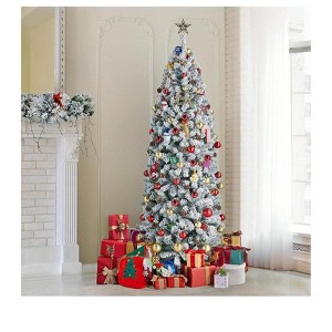 7.5 Ft Snow Flocked Artificial Christmas Tree, Pre-Lit Hinged Pine Holiday Xmas Tree With 300 LED Lights And Metal Stand, Slim Xmas Tree For Home Off - 1 of 4