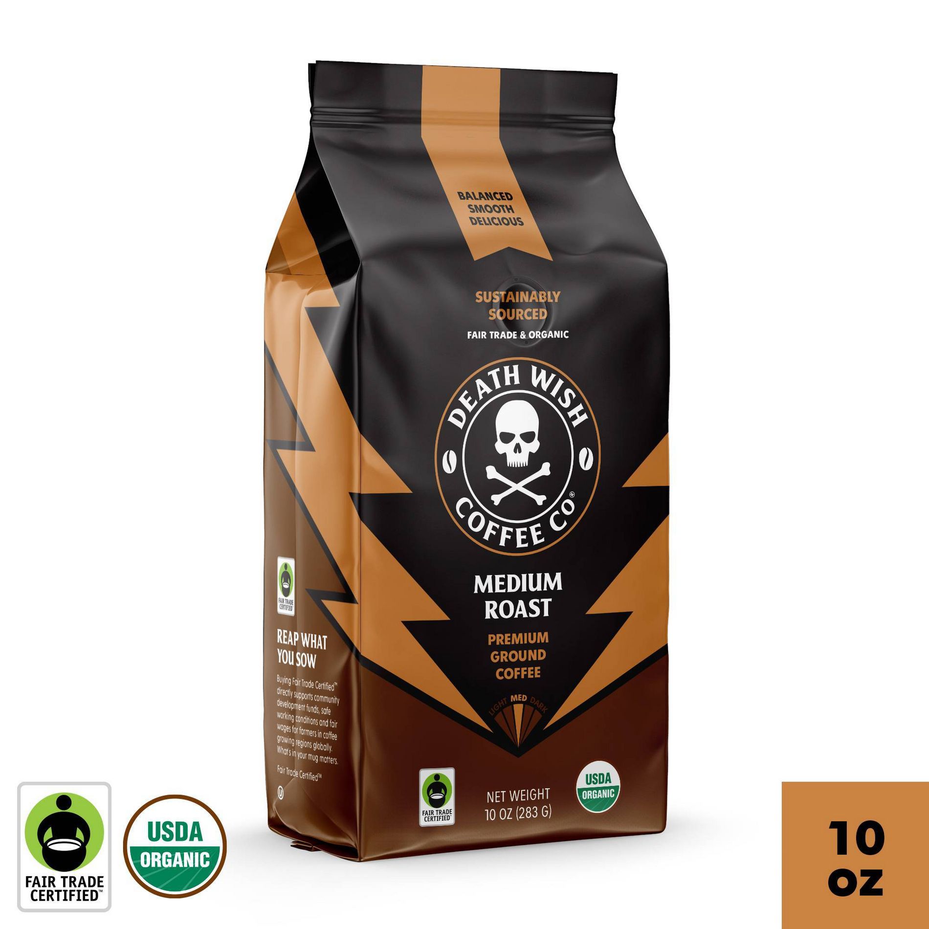 Death Wish Coffee Organic and Fair Trade Medium Roast Ground Coffee 10oz