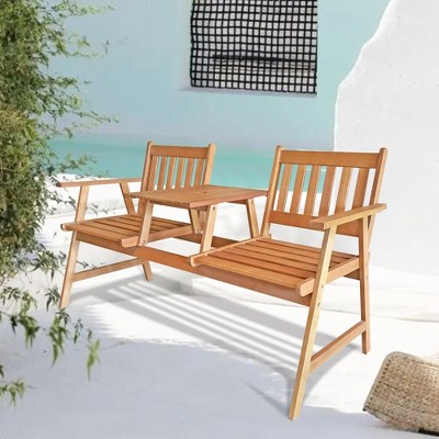 Natural Acacia Wood Outdoor Bench with Center Table