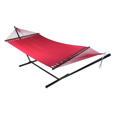 Sunnydaze Outdoor 2-Person Double Polyester Rope Hammock with Wood Spreader Bar and 15ft Black Steel Stand - Red