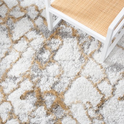 Ivory and Gold Abstract Shag 3' x 3' Square Rug