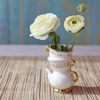Small White and Gold Ceramic Teapot and Teacup Bud Vase Set