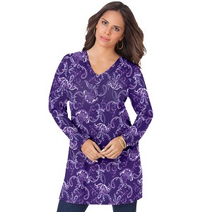 Roaman's Plus Size Cotton Ultimate Long Sleeve V-Neck Tunic - 1 of 4