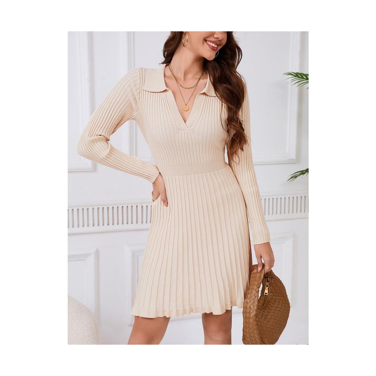 Женские платья YesFashion Women's Sweater Dress 2024 Fall Long Sleeve Cable Lapel Collar Dress Ribbed Knit A Line Swing Pleated Midi Dresses Light Apricot Medium — фото 2