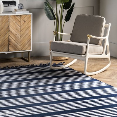 Blue Striped Cotton Reversible 5' x 8' Area Rug
