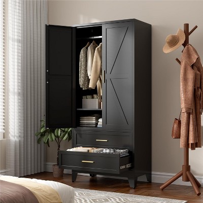 ORRD 71"H Metal Wardrobe Cabinet With 2 Drawers and Hanging Rod For Bedroom(black)