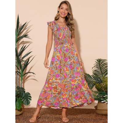 Женские платья INSPIRE CHIC Women's Summer V Neck Ruffle Flutter Sleeve Smocked Tiered Beach Flowy Boho Maxi Dress Grey Green Small — фото 4