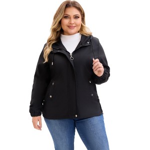 Women's Plus Size Windbreaker Zip Up Buttons Waterproof Hooded Casual Trench Coats with Pockets - Agnes Orinda - 1 of 4