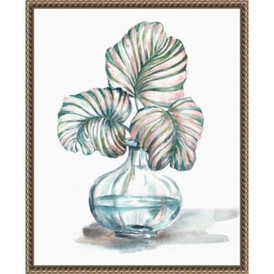 Contemporary Green and Pink Leaf Print on Canvas with Bronze Frame