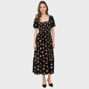 August Sky Women's Velvet Smocked Floral Print Tiered Midi Dress - 1 of 4