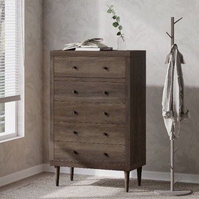 Mid-Century Modern Nordic 5-Drawer Chest of Drawers, Faux Wood Dresser with Rubberwood Legs, Bedroom Storage Cabinet - Christopher Knight Home