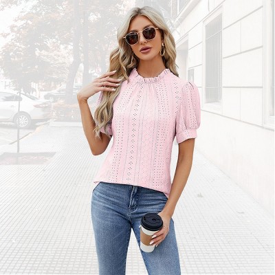 Womens Puff Short Sleeve Summer Blouse Ruffle Mock Neck Dressy Shirts Elegant Eyelet Tops