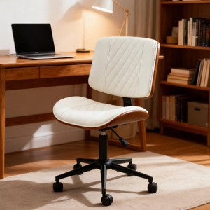 Adjustable Armless Office Chair with Wood Frame and PU Leather, Swivel Desk Chair with Wheels for Home Workspace-3irtyhousy - 1 of 4