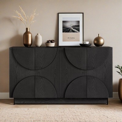 4-Door Large Storage Sideboard, Wood Sideboard Cabinet with Semi-Circular Handles and Adjustable Shelves - Leovsnove