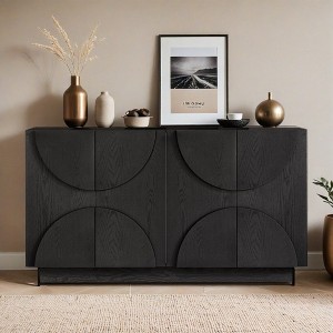 4-Door Large Storage Sideboard, Wood Sideboard Cabinet with Semi-Circular Handles and Adjustable Shelves - Leovsnove - 1 of 4