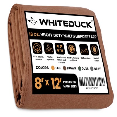 WHITEDUCK Tarp 8 x 12 ft Canvas Outdoor Heavy Duty Water-Resistant Tarpaulin Cover, 18 oz Loomstate Cotton with Stainless Steel Grommets, Brown
