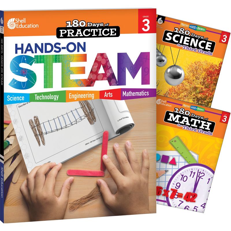 Shell Education 180 Days STEAM, Science, & Math Grade 3: 3-Book Set, 1 of 4