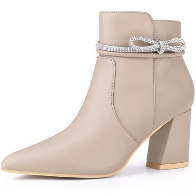 BLISSFUL STEP Rhinestone Bow Pointed Toe Chunky Heel Ankle Boots for Women