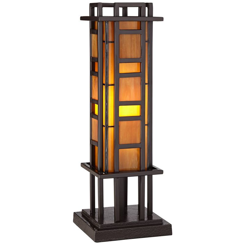 Robert Louis Tiffany Prairie Mission Accent Table Lamp 20" High Bronze Geometric Metal Amber Stained Glass for Bedroom Living Room Bedside Nightstand, 1 of 10