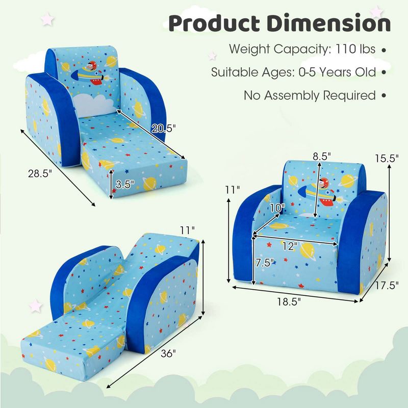 Costway 3-in-1 Convertible Kid's Sofa Multifunctional Flip-out Lounger Bed Armchair, 3 of 11