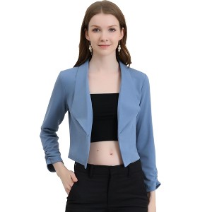 INSPIRE CHIC Women's Regular Fit Notched Lapel Ruched Sleeve Business Crop Blazer - 1 of 4