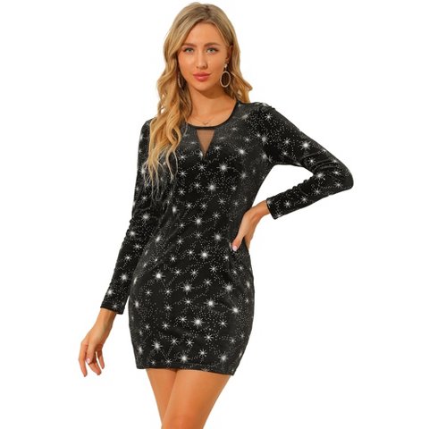 Женские платья INSPIRE CHIC Women's Velvet Mesh Panel Shiny Star Bodycon Dress Medium Black