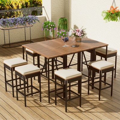 YOOCOZZ  10-Piece Patio Dining Bar Set with Table , 8 Stools and Cushions - Brown