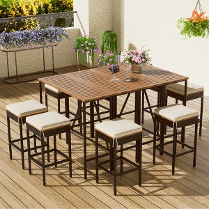 YOOCOZZ  10-Piece Patio Dining Bar Set with Table , 8 Stools and Cushions - Brown - 1 of 4