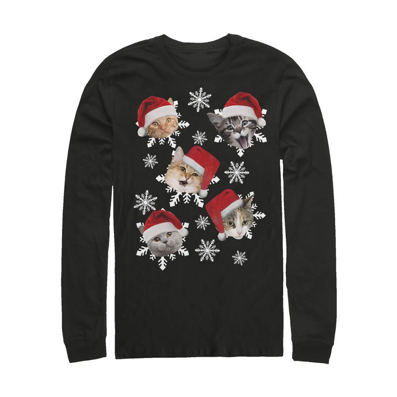 Men's Lost Gods Ugly Christmas Cat Snowflakes Long Sleeve Shirt, 1 of 4