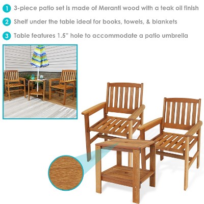Meranti Wood Brown Outdoor Patio Conversation Set with Teak Oil Finish