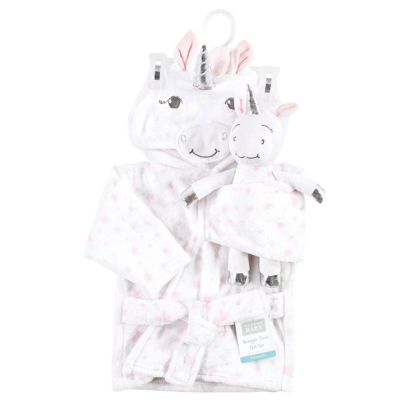 Hudson Baby Infant Girl Plush Bathrobe and Toy Set, White Unicorn, One Size, 2 of 5